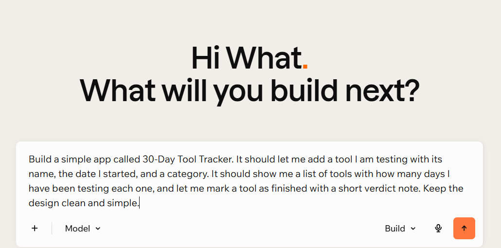 The Base44 build screen with the 30-Day Tool Tracker prompt typed into the description box, before generating