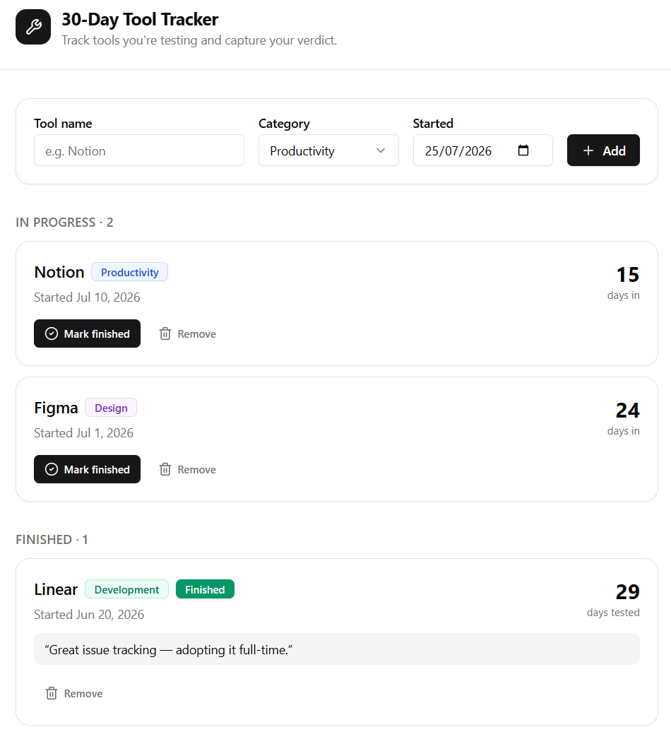 The Base44 editor with the build conversation on the left and the working 30-Day Tool Tracker app on the right, showing tools with day counts and a finished section