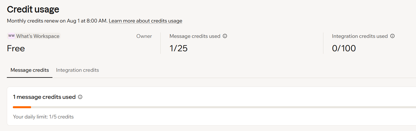 The Base44 credit usage page showing 1 of 25 message credits used, 0 of 100 integration credits, and a daily limit of 1 of 5 credits on the free plan