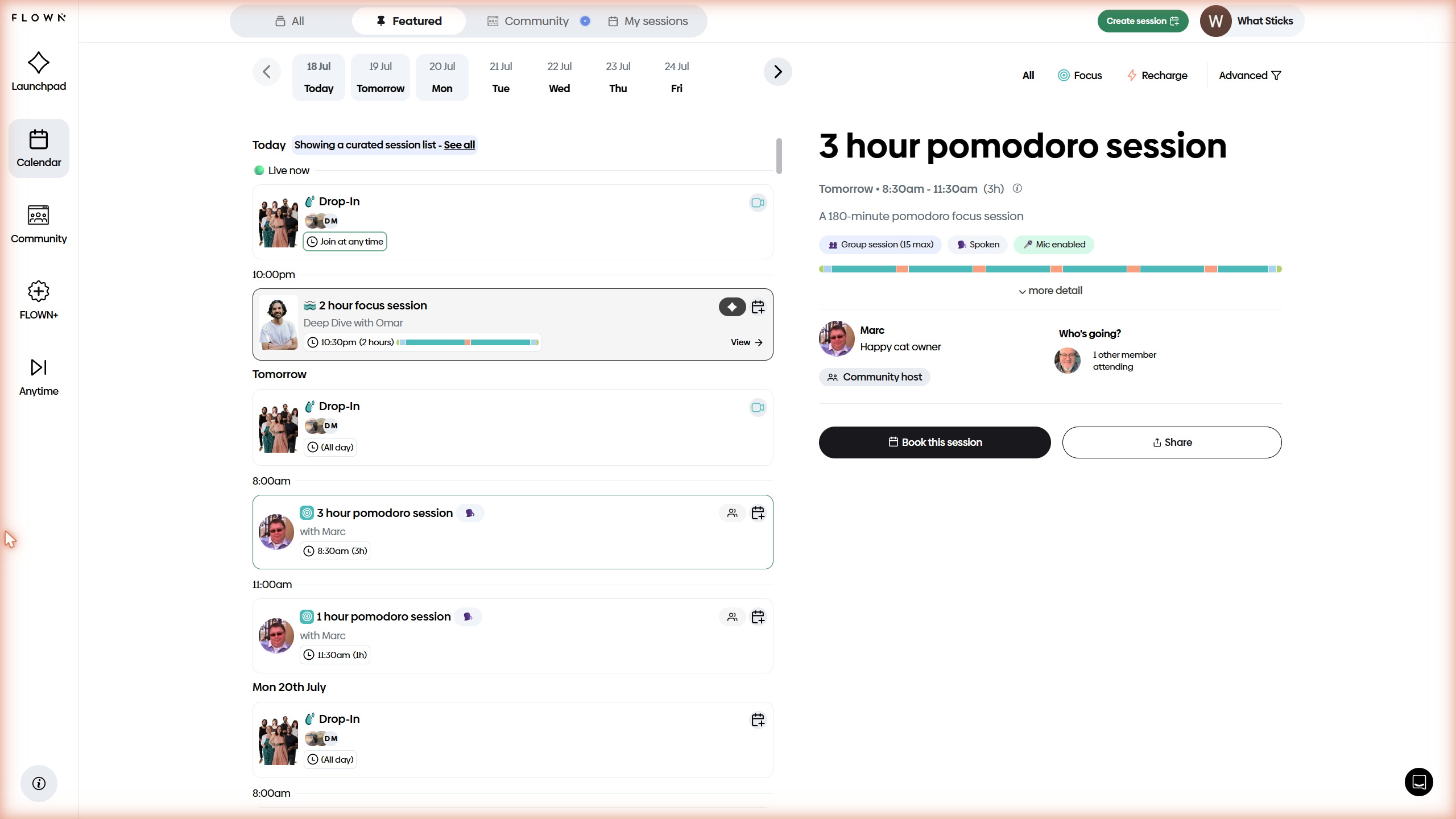 FLOWN's session calendar: an all-day silent Drop-In room, hosted focus and pomodoro sessions, and the Focus/Recharge split that defines the platform