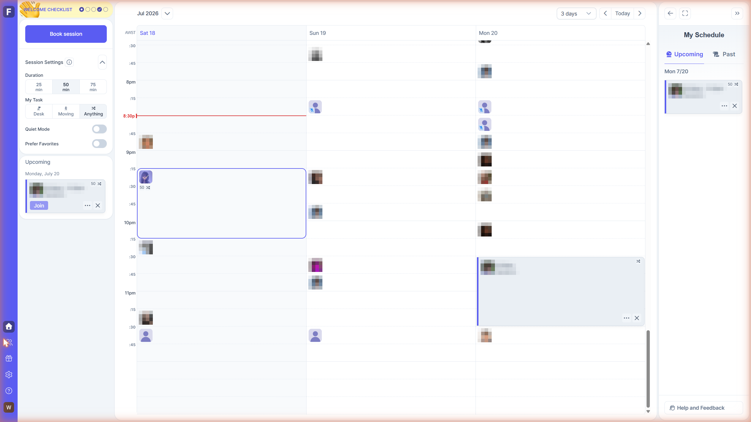 A booked Focusmate session: one matched partner, one 50-minute slot, and a calendar of real people waiting at every time of day. Partner details blurred.