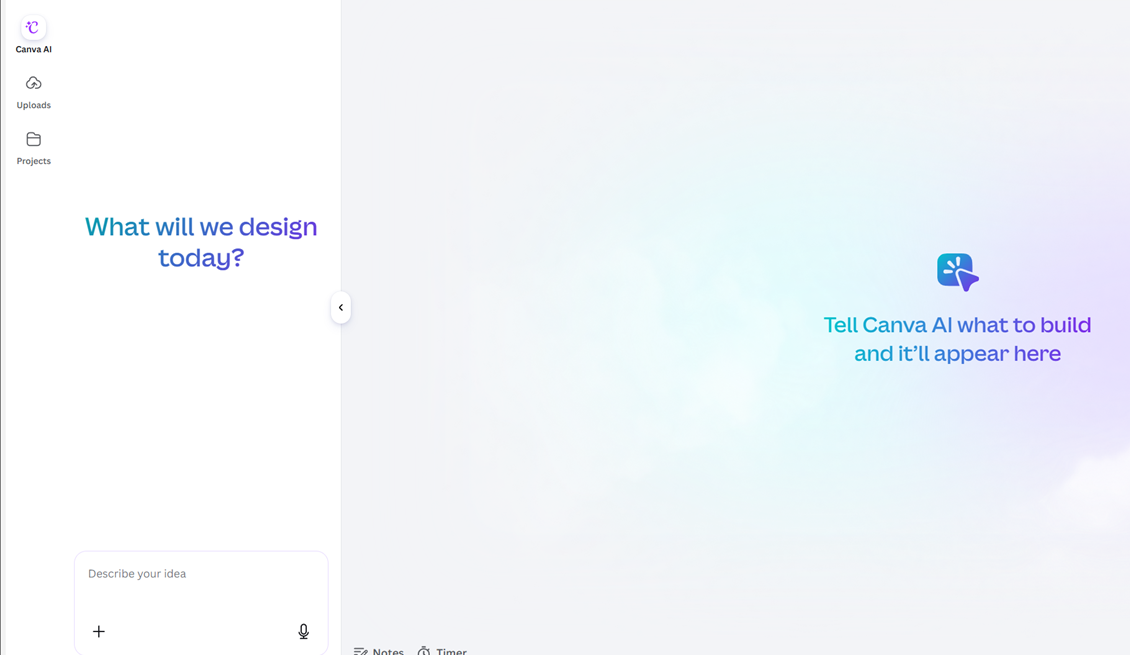 A new Canva Code design open in the Canva editor, showing the Canva AI panel with a Describe your idea prompt box and an empty canvas