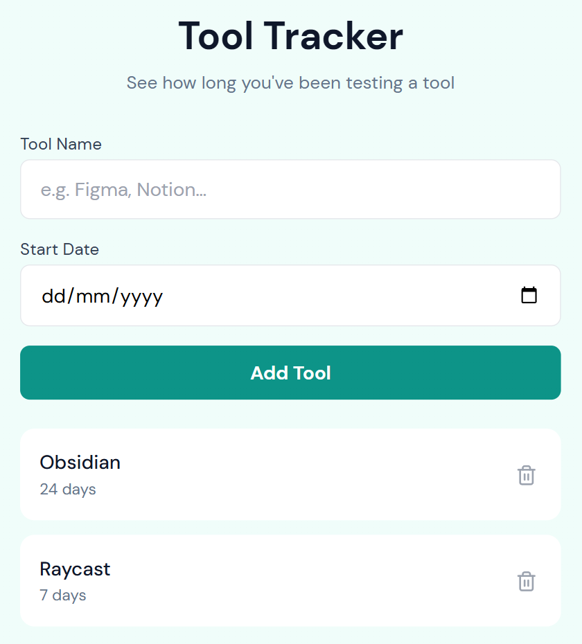 The generated Tool Tracker widget displayed inside the Canva design editor, with a tool name field, start date field, add button and a saved list of tools