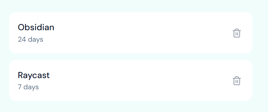 The Tool Tracker widget after a page reload in a separate window, still listing Obsidian at 24 days and Raycast at 7 days, showing the data was saved to a connected Canva Sheet