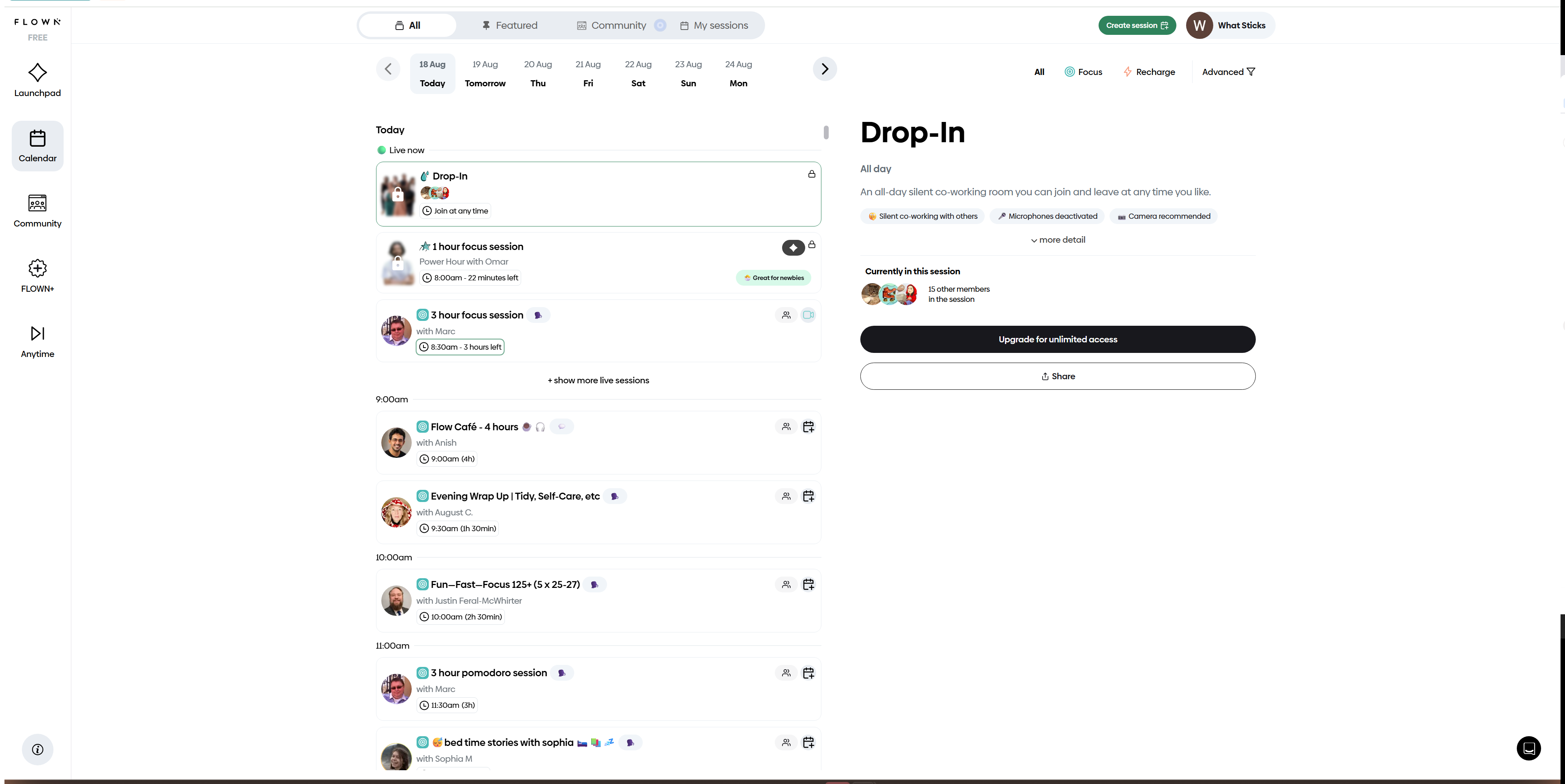 FLOWN's session calendar showing the Focus and Recharge category tabs and the variety of live session types on offer