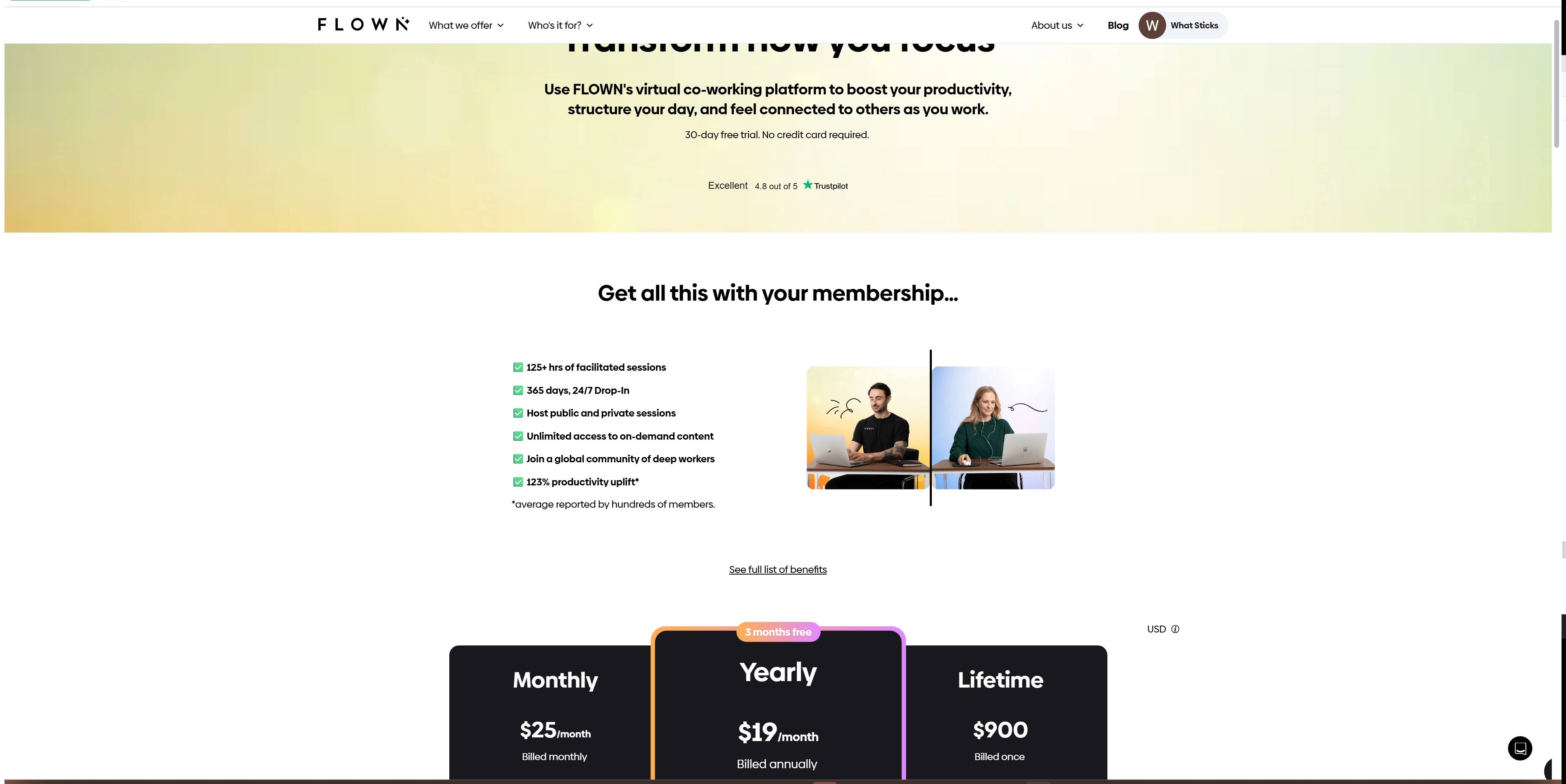 FLOWN's pricing page: 30-day free trial, no credit card required, alongside the monthly, yearly, and lifetime tiers