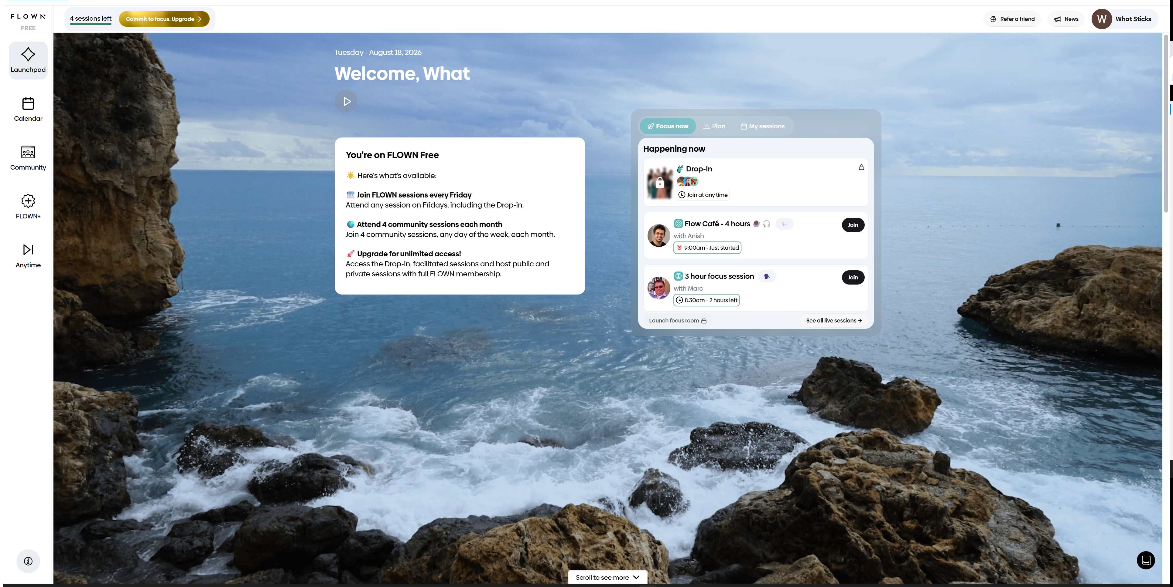 FLOWN's Launchpad dashboard, showing the ongoing free-tier allowance after the trial ends