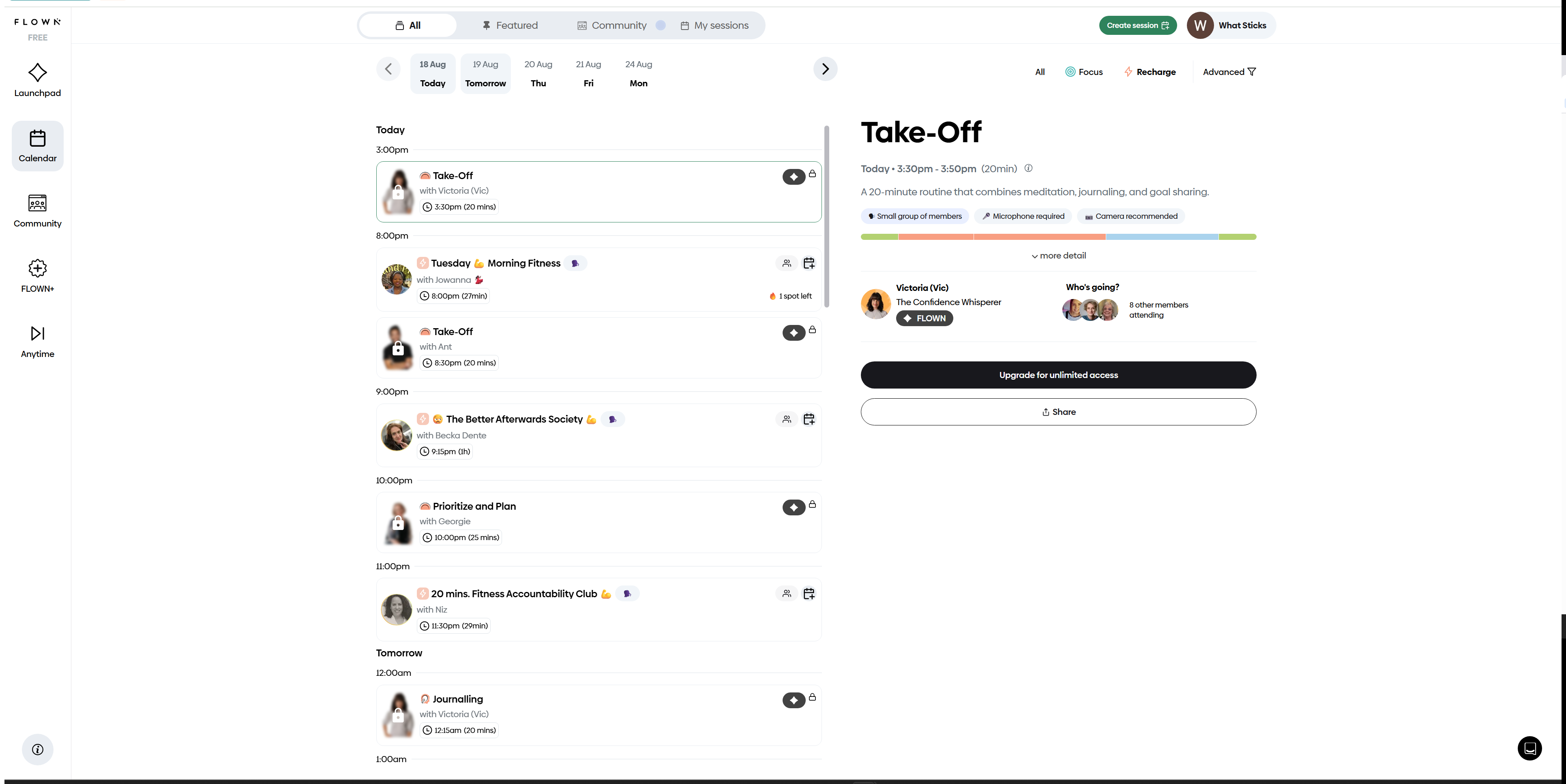 FLOWN's calendar filtered to Recharge sessions — meditation and journalling-style sessions clearly labelled, the closest honest match to breathwork