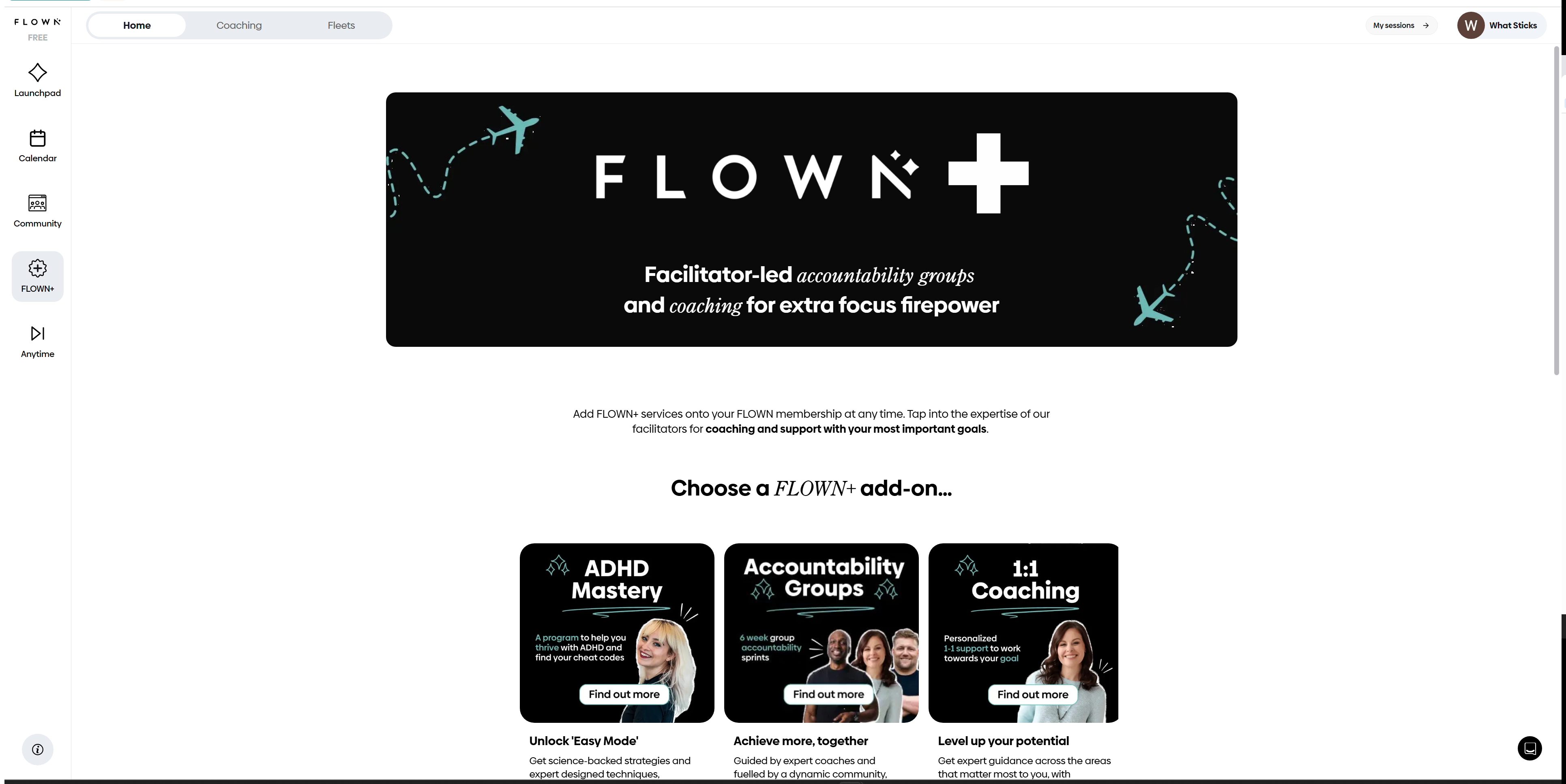 FLOWN+ add-on options: ADHD Mastery, Accountability Groups, and 1:1 Coaching, sold separately from the base membership