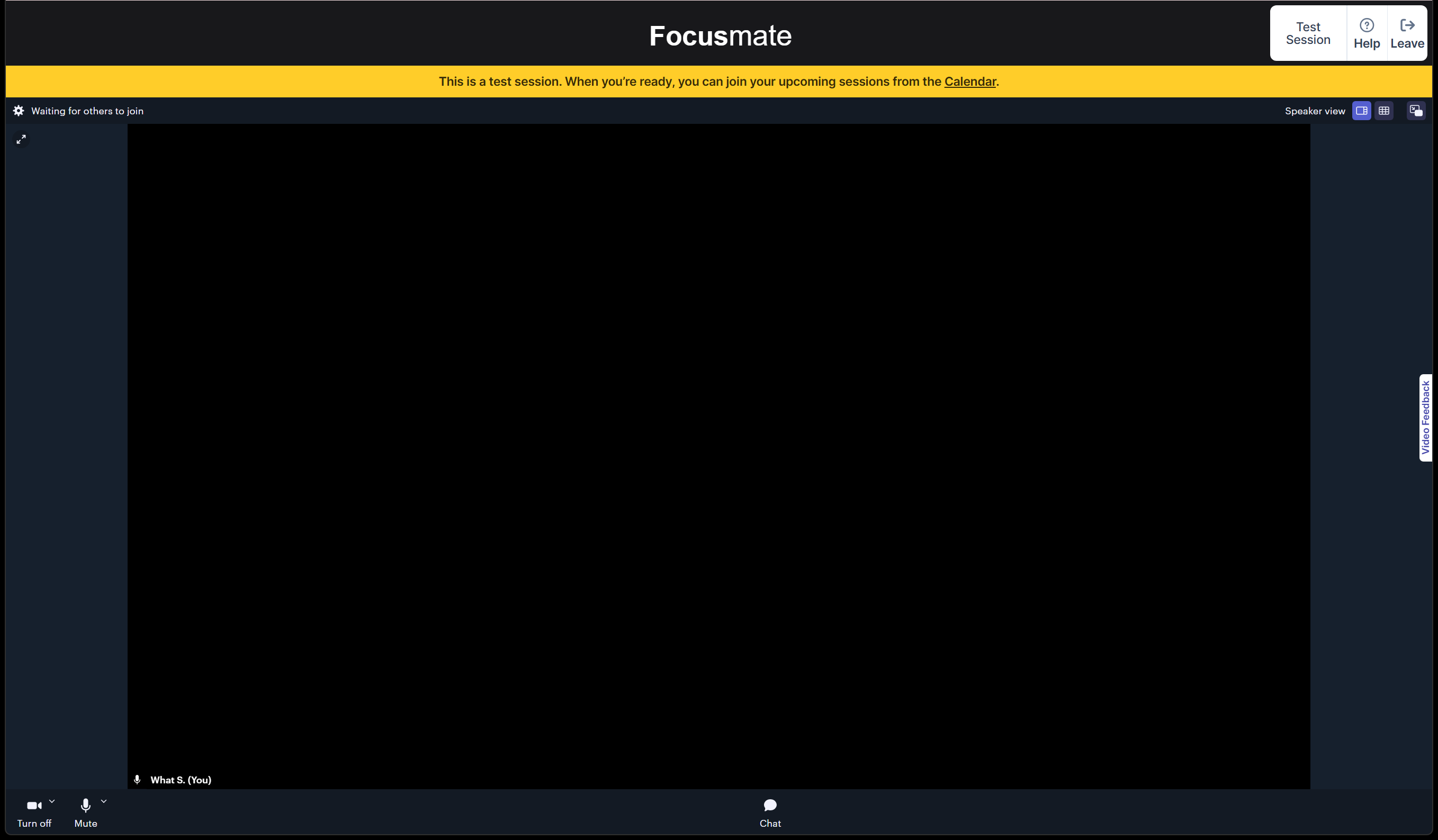 The Focusmate call interface waiting for a partner to join — the same video-call layout a real paired session uses