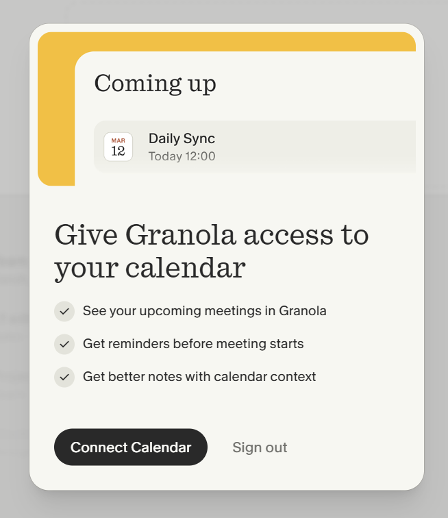 Granola's calendar connection step, requiring a Google Workspace calendar — a personal Gmail account cannot link here