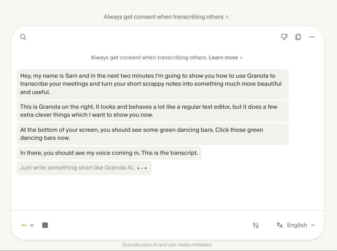 Granola transcribing a session — this capture is Granola's own onboarding demo video playing back, not a real live meeting