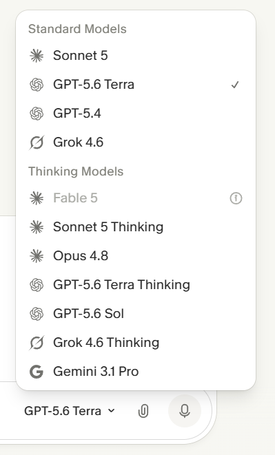 Granola's model picker, showing the Standard and Thinking tier options for the AI generating your notes