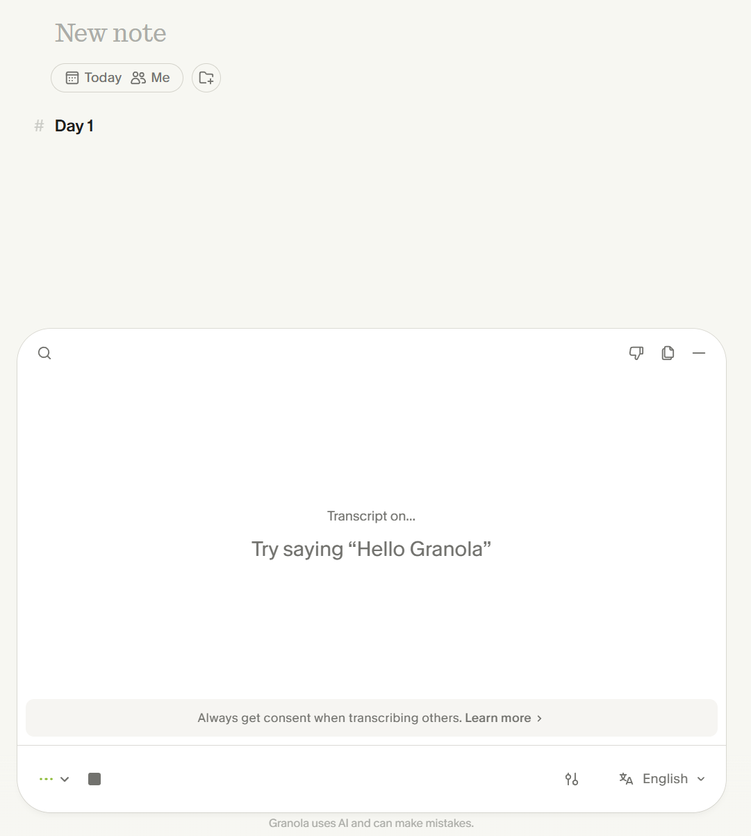 Granola's empty-state note editor, ready for typed shorthand alongside the AI transcript