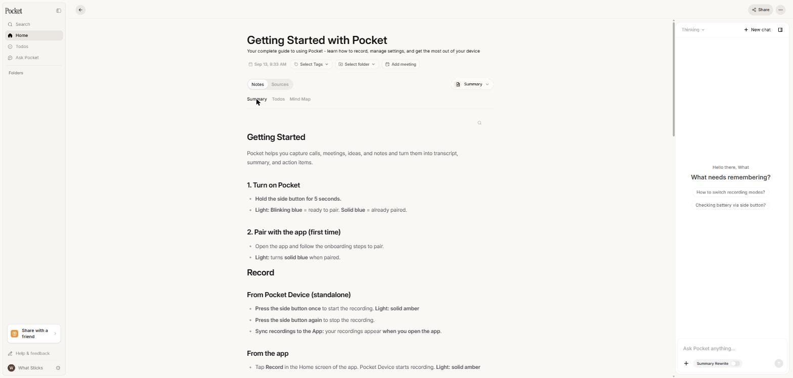 Pocket's built-in onboarding note, showing the Summary view generated from a sample walkthrough