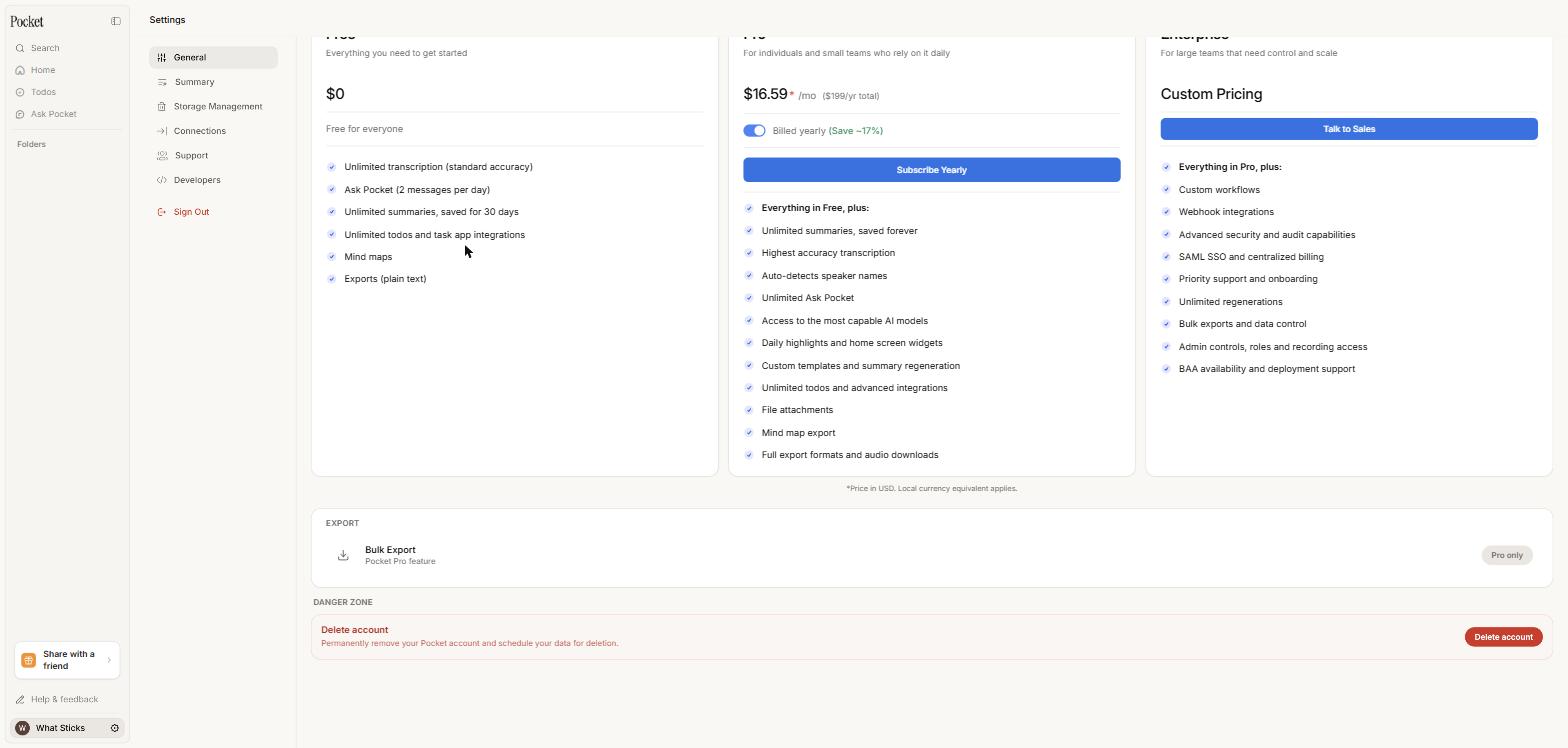 Hey Pocket's Free, Pro, and Enterprise pricing tiers, showing the free tier's feature list alongside Pro at $19.99/month or $16.59/month billed annually