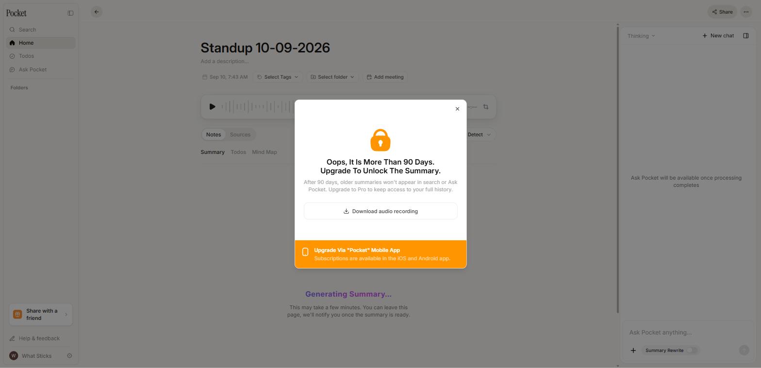 Pocket's upgrade pop-up claiming the note is more than 90 days old and its summary is locked