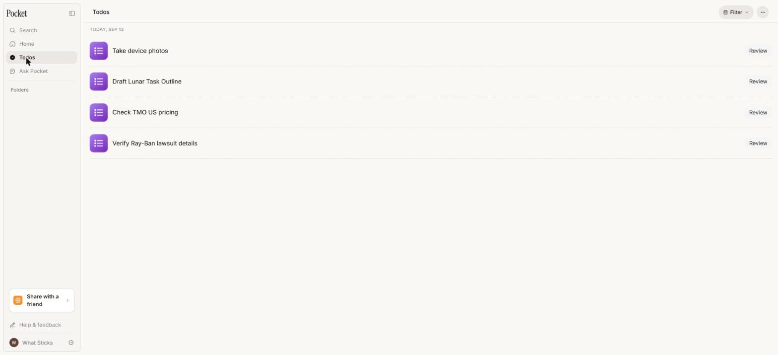 Pocket's global Todos list showing four action items correctly pulled from a test meeting