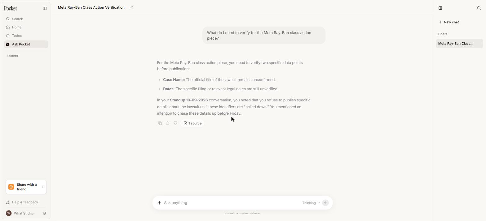 Ask Pocket answering a question about the locked meeting and citing it as a source