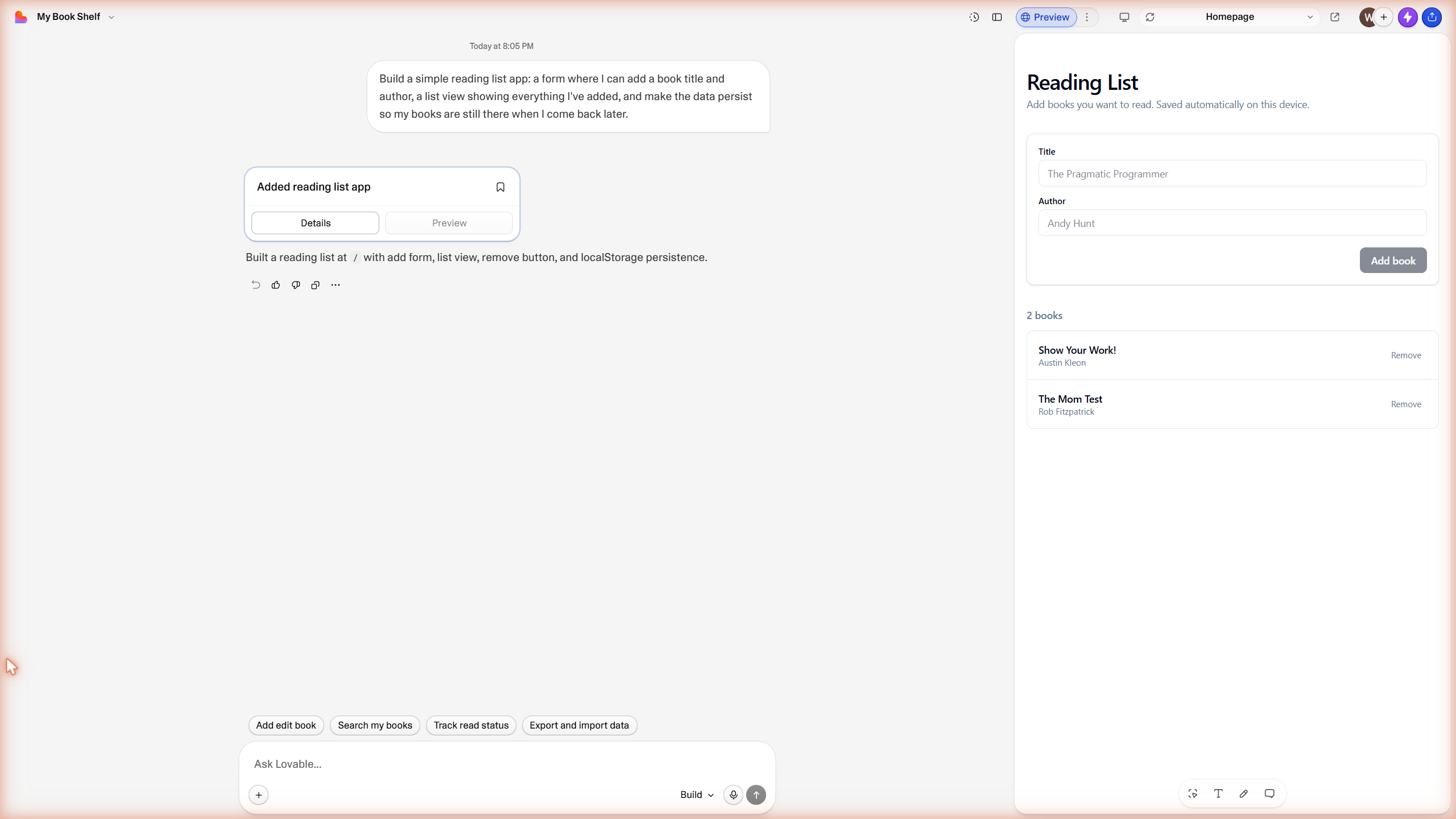 Lovable's chat-to-preview loop: the build prompt and result in chat on the left, the working app, with form, list view, and saved books, running live in the preview pane on the right