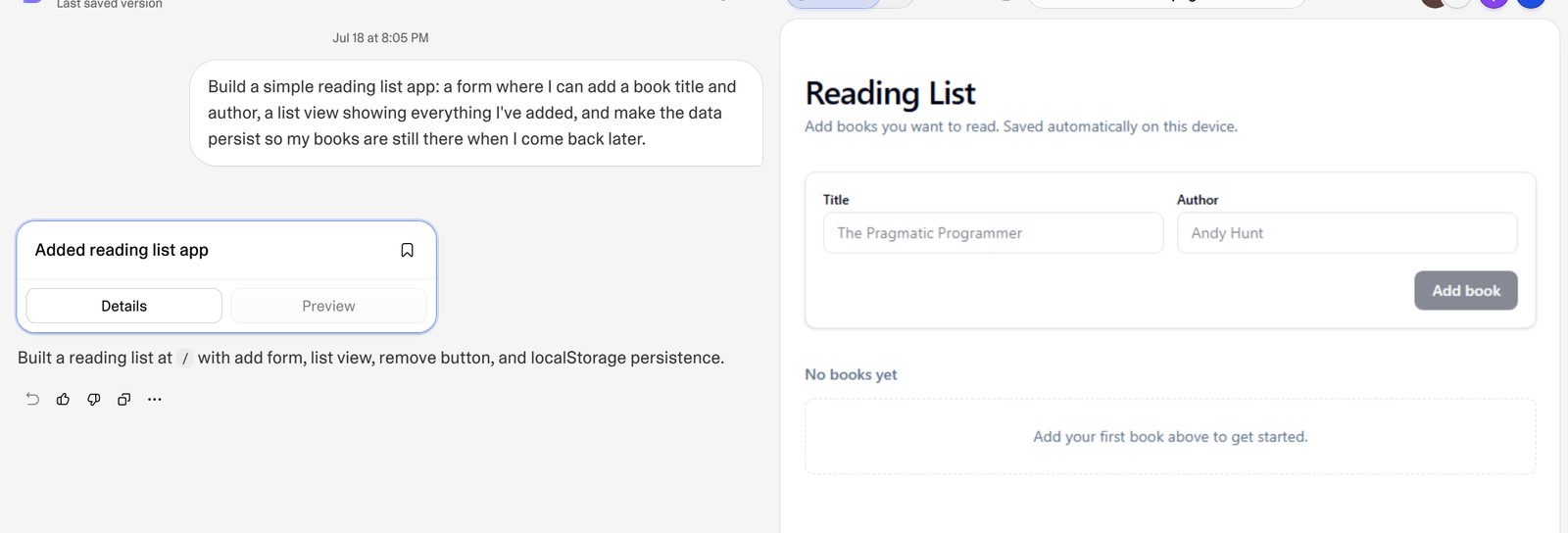 A Lovable project open in the editor: the build prompt and Lovable's reply in a chat column on the left, and the running app rendered in a live preview pane on the right.