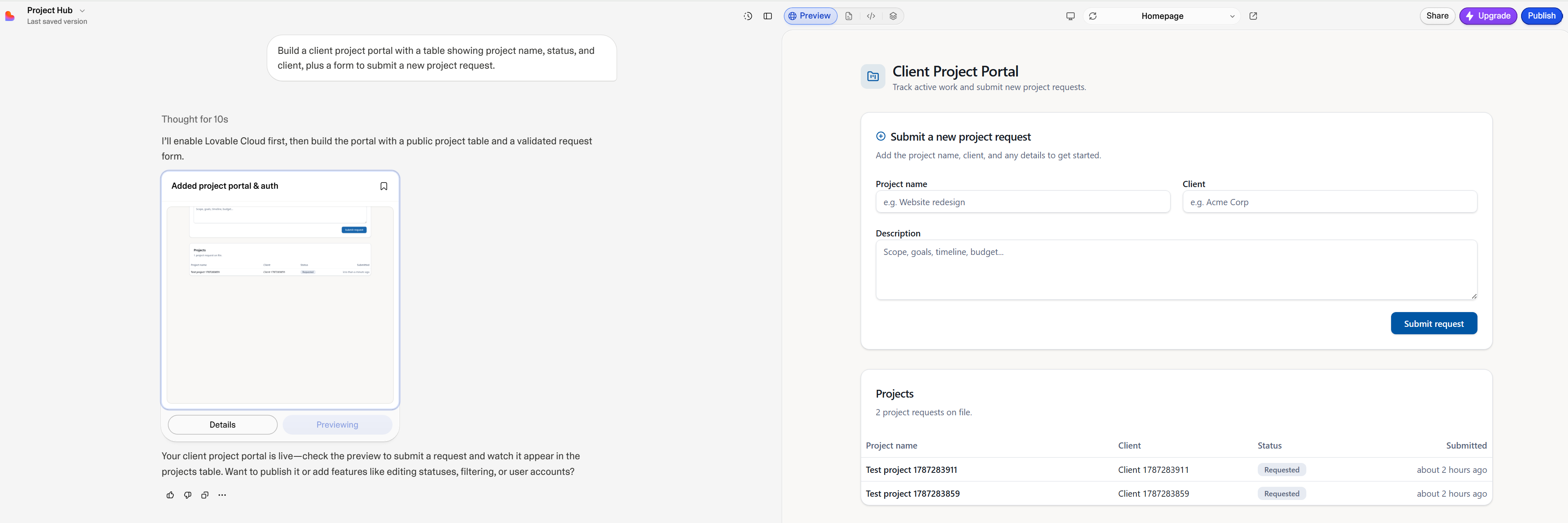 Lovable's build chat alongside the generated client project portal — a request form and a projects table with sample entries