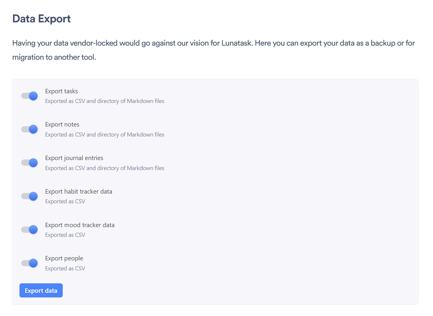 Lunatask's Data Export screen, with toggles to export tasks, notes, journal entries, habit tracker data, mood tracker data and people as spreadsheets and Markdown files