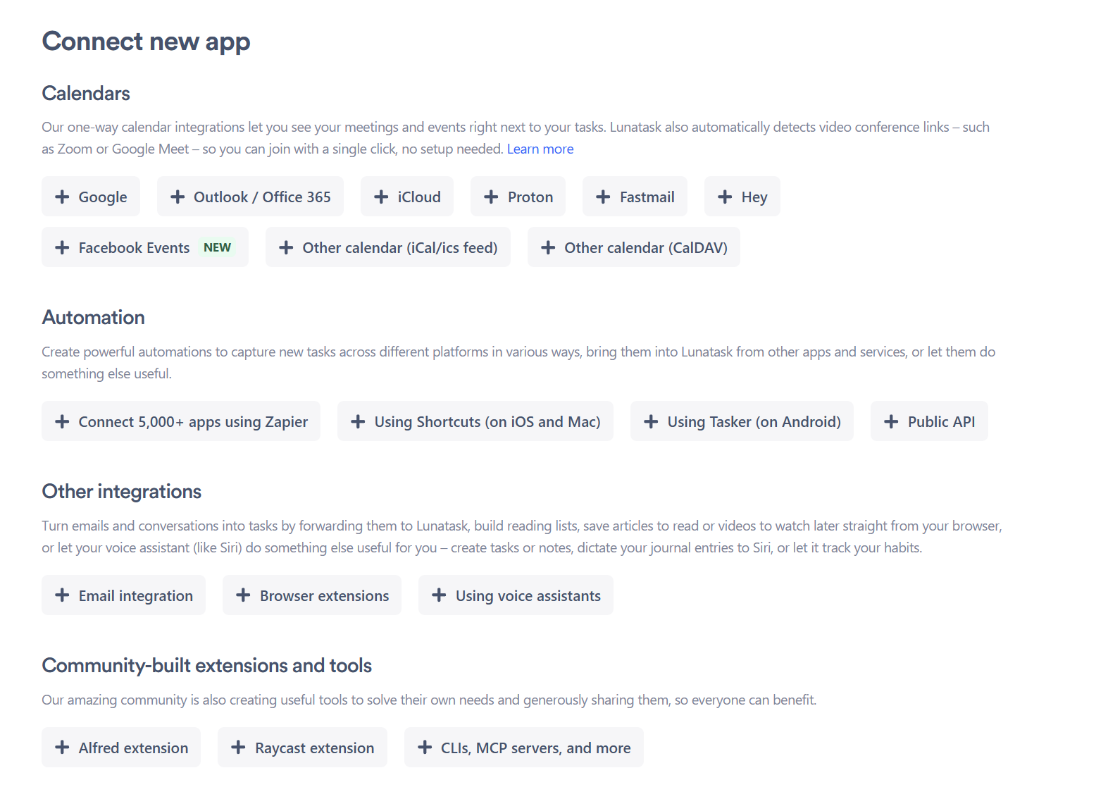 Lunatask's Connect new app screen, listing calendar integrations, automation options including Zapier, Shortcuts, Tasker and a public API, plus email, browser and voice assistant integrations
