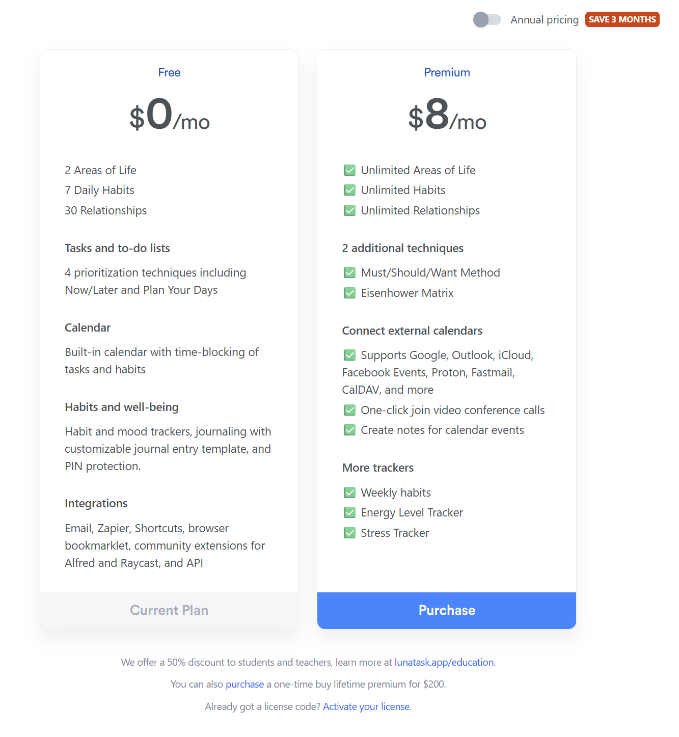 Lunatask's in-app plan comparison: Free at $0 a month and Premium at $8 a month, with a toggle for annual pricing
