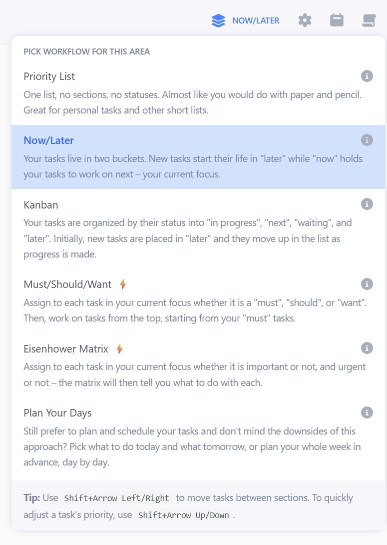 Lunatask's workflow picker: Priority List, Now/Later, Kanban, Must/Should/Want, Eisenhower Matrix and Plan Your Days, each with a short description