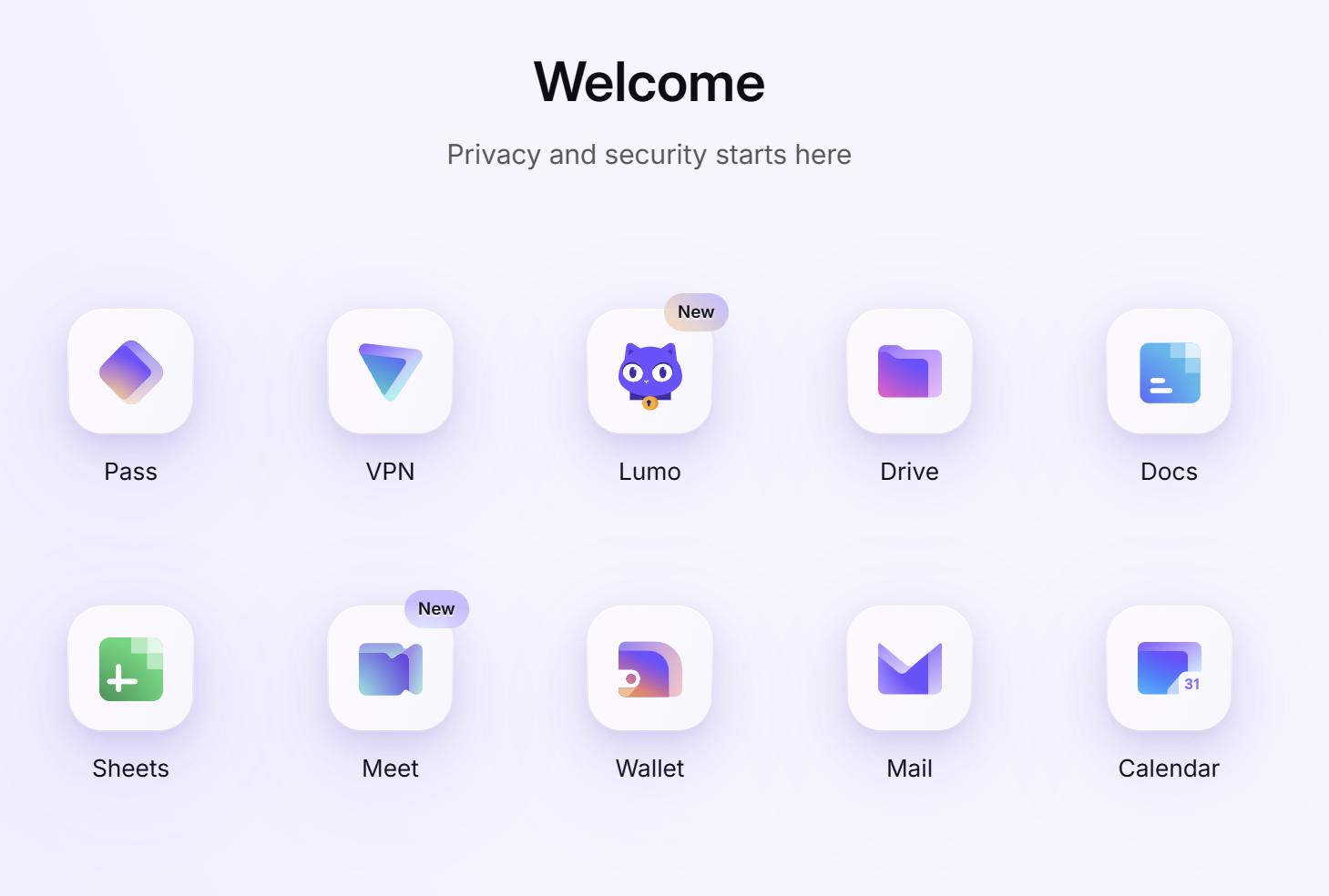The Proton account dashboard with the heading 'Welcome — Privacy and security starts here.' Ten app icons in two rows: Pass, VPN, Lumo (marked New), Drive, and Docs in the first row; Sheets, Meet (marked New), Wallet, Mail, and Calendar in the second.