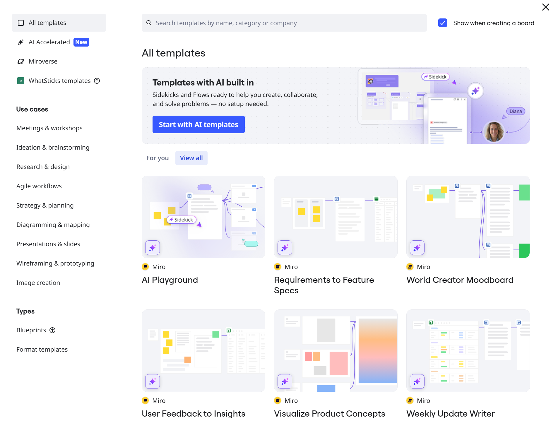 Miro's template library open, showing a grid of ready-made canvas layouts by category