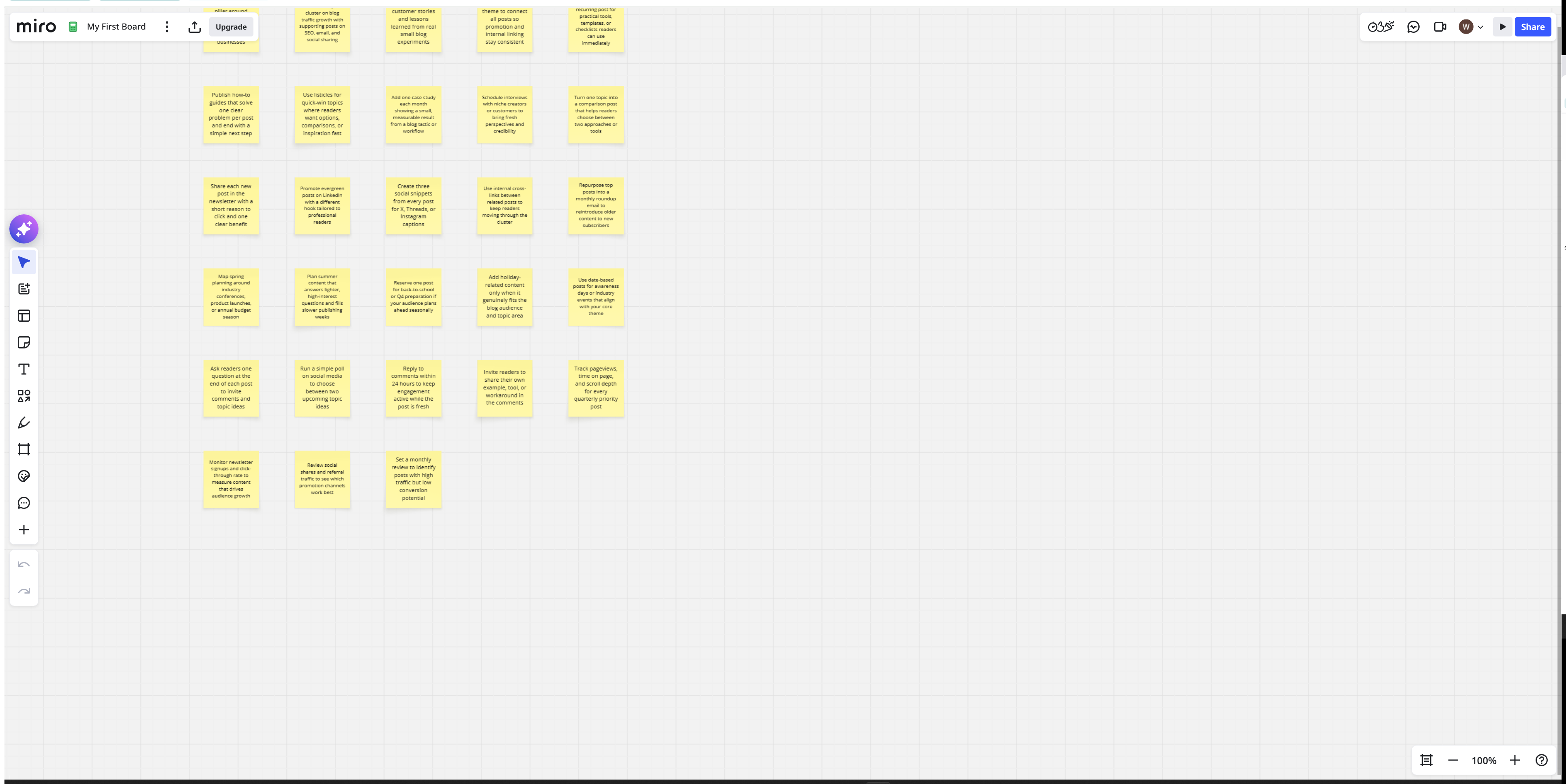 Miro AI generating and clustering sticky notes from a prompt into grouped themes