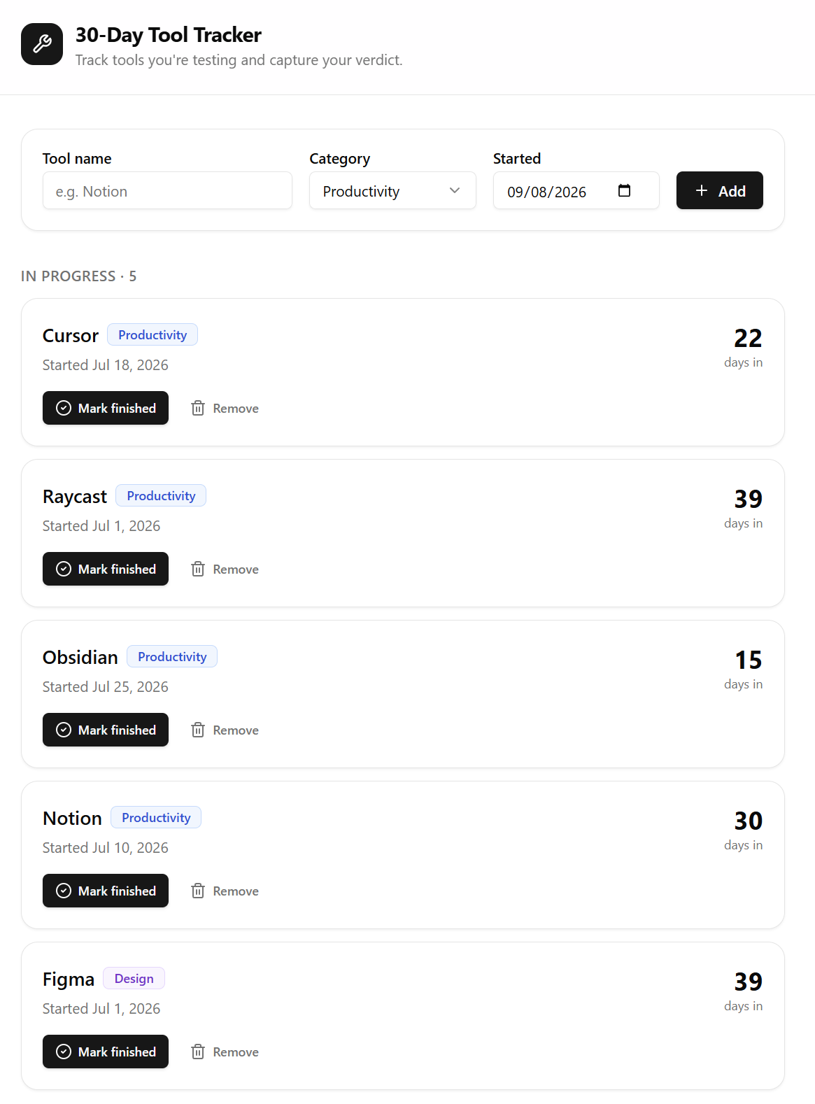 The 30-Day Tool Tracker app generated by Base44 from a single prompt. At the top, an add-tool form with fields for Tool name, Category (dropdown set to Productivity), and Started date, plus an Add button. Below, the IN PROGRESS section shows five tools with live day counts: Cursor 22 days (started Jul 18), Raycast 39 days (started Jul 1), Obsidian 15 days (started Jul 25), Notion 30 days (started Jul 10), and Figma 39 days (started Jul 1, Design category). Each row has a Mark finished button and a Remove option.