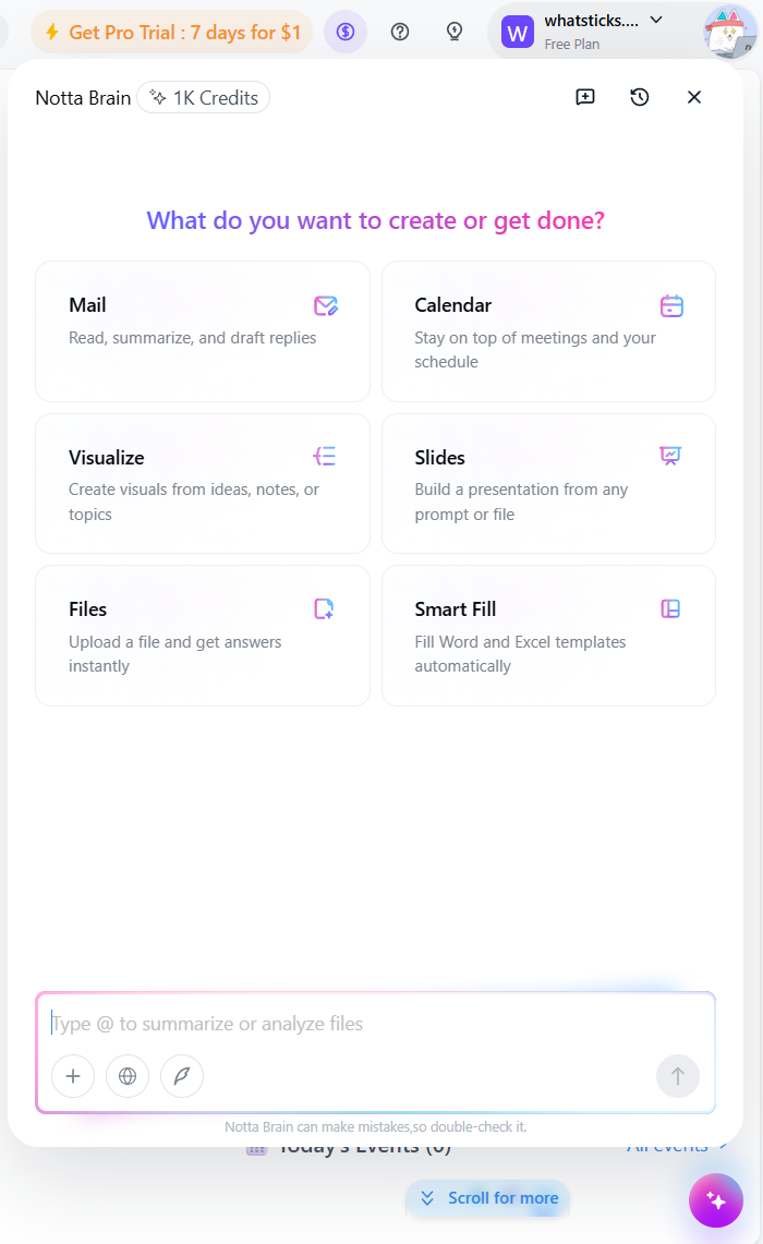 Notta Brain's assistant menu, offering mail drafting, calendar summaries, visualisation, slide generation, file analysis, and template auto-fill beyond core transcription