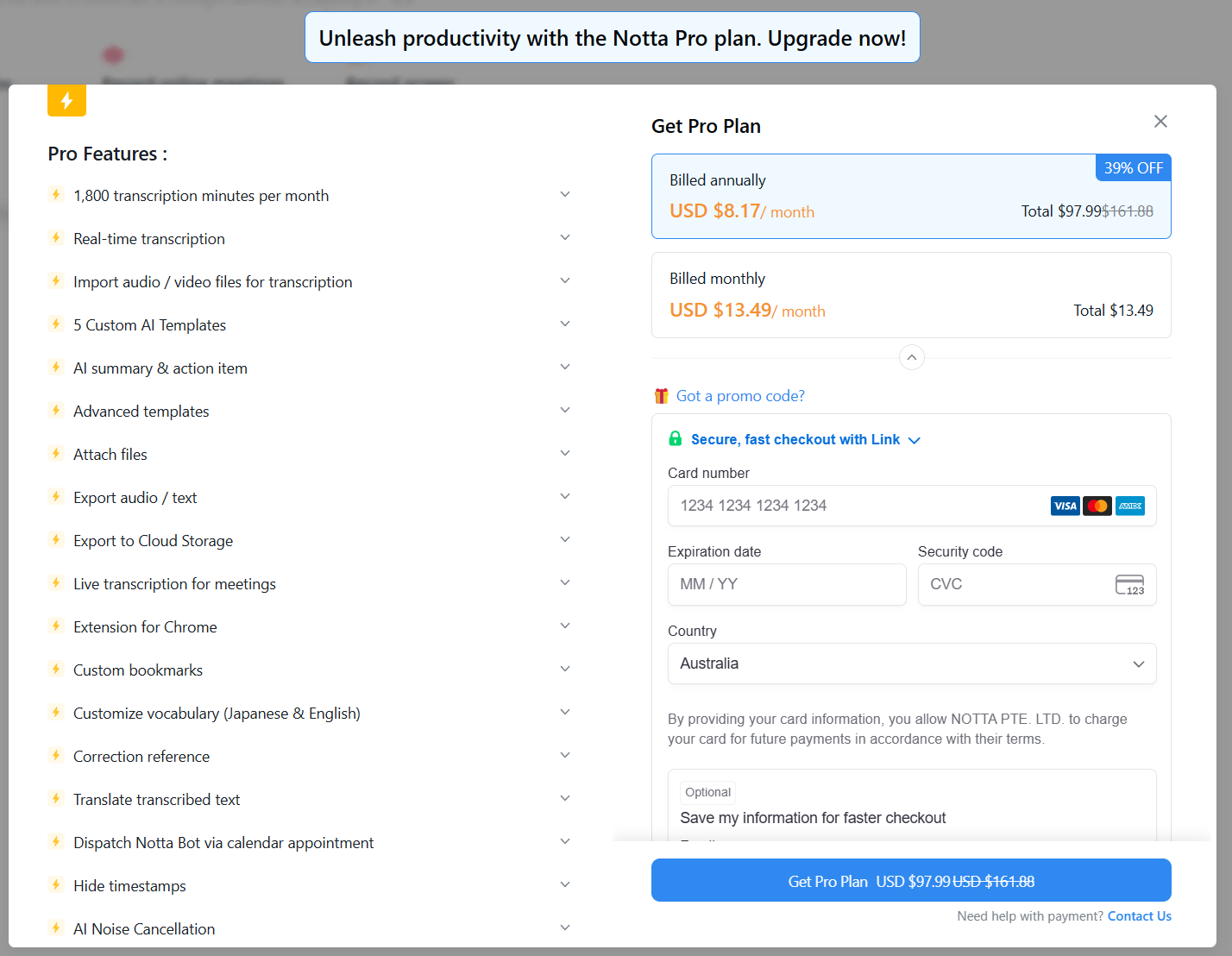 Notta's upgrade prompt and Pro plan checkout, showing the annual and monthly pricing tiers