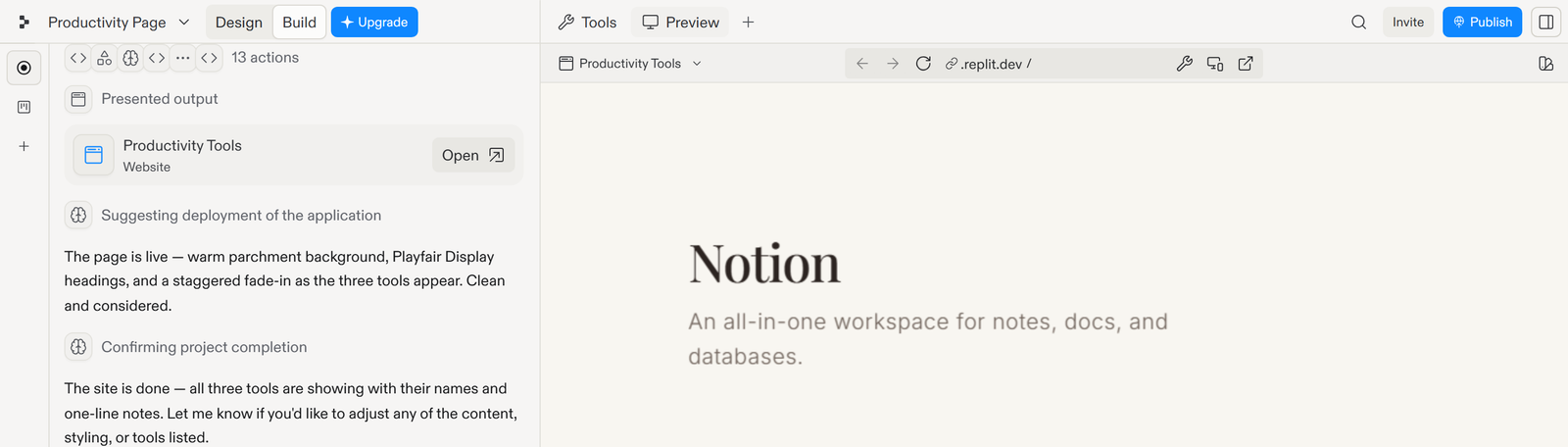 A newly created Replit project: the Agent's build log in a column on the left reporting thirteen actions and project completion, and the finished page rendered in a live preview pane on the right.