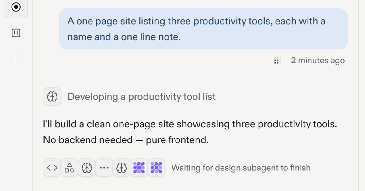 Replit's Agent mid-build, showing its stated plan for the one-page site, a row of tool icons for the steps it is running, and a status line reading waiting for design subagent to finish.