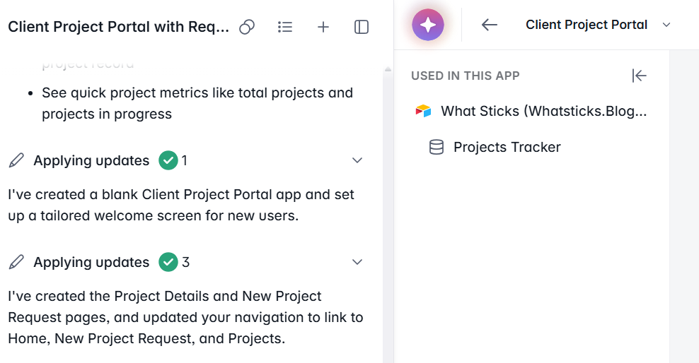 Softr's block editor with the connected Airtable data source panel open beside the Client Project Portal app
