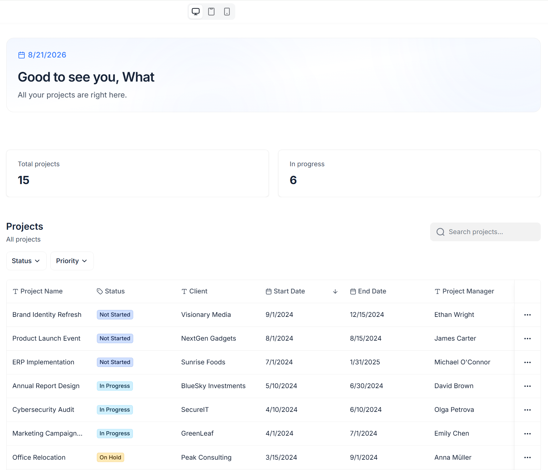 The completed Softr portal's dashboard view showing the projects table with sample client and status data