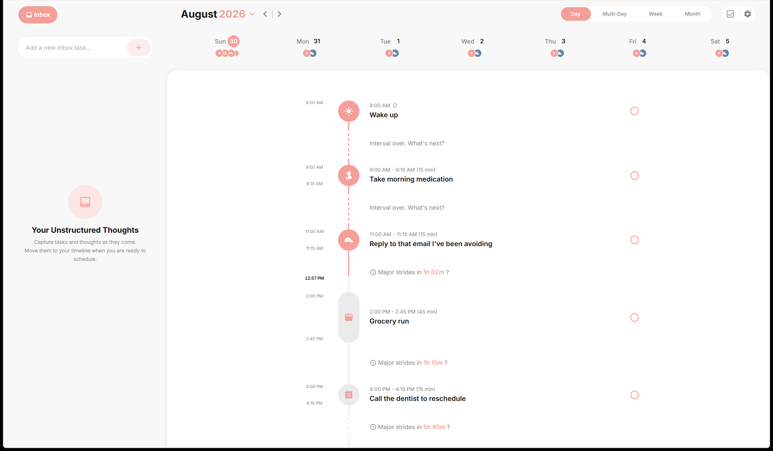Structured's vertical timeline with several tasks dragged into place across a day, each with its own icon and time slot