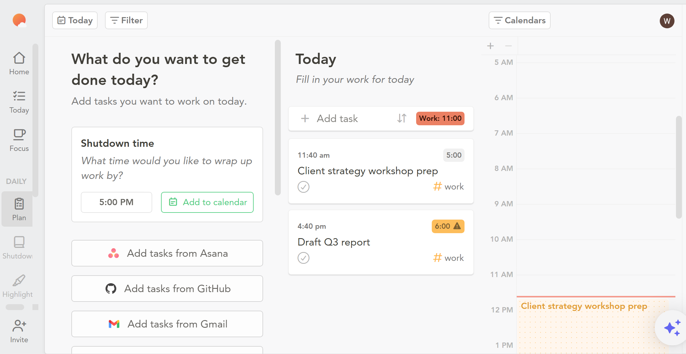 Sunsama's guided daily planning flow — the "Fill in your day" step, connecting tasks from other tools before the day starts