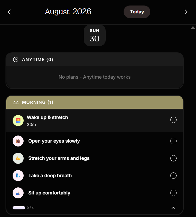 A Tiimo morning routine mid-run: the countdown timer active alongside the AI-generated subtask breakdown