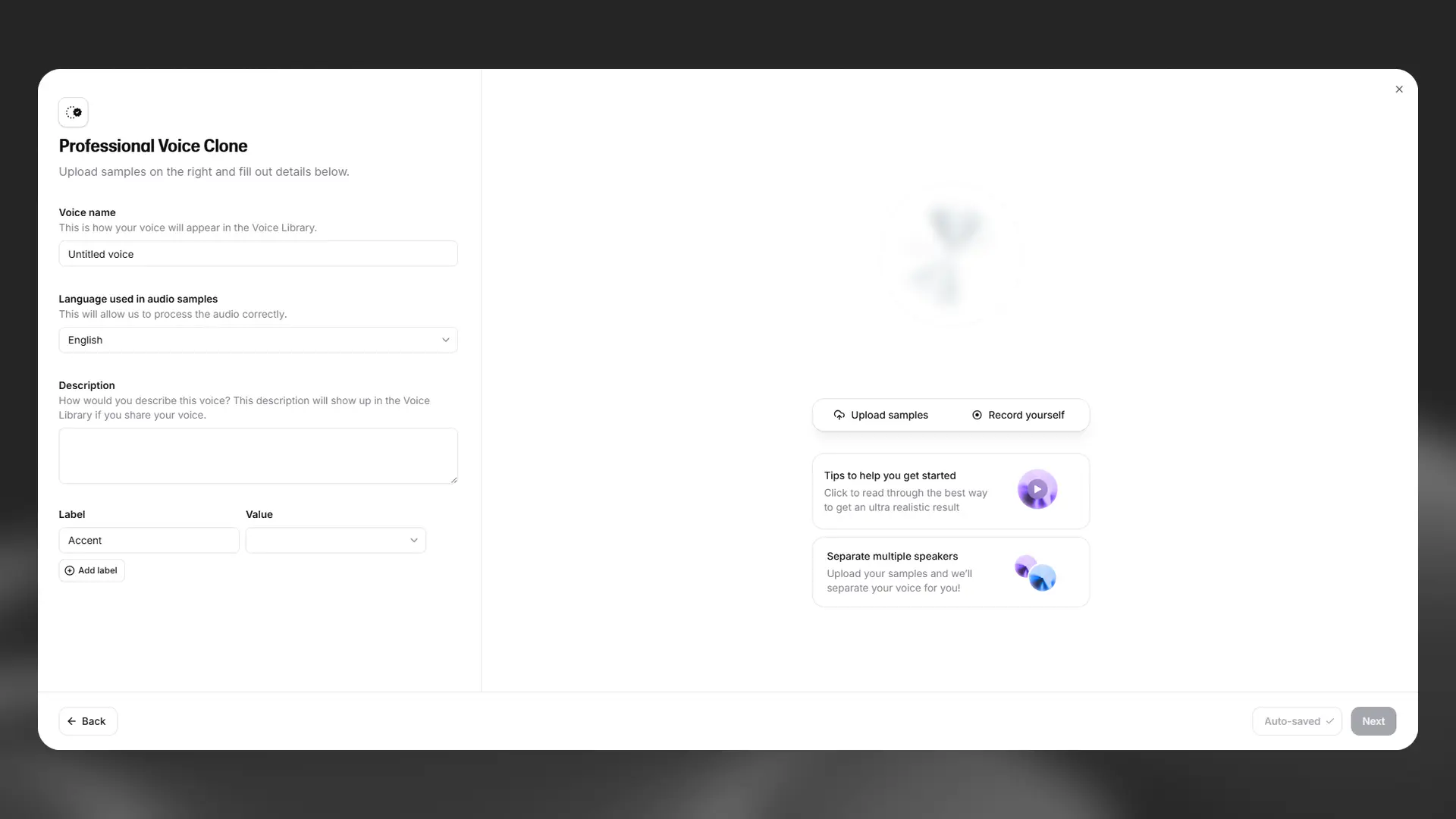 ElevenLabs' Professional Voice Clone setup: name the voice, set the sample language, then upload recordings or record directly in the browser