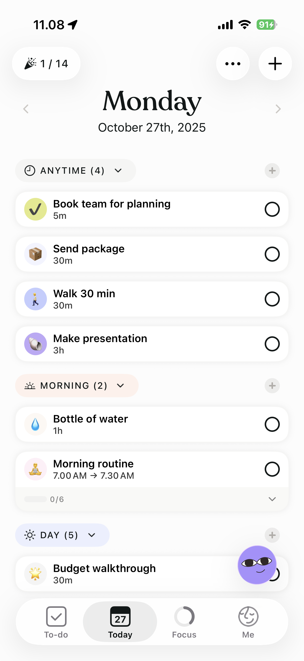 Tiimo's day view: the schedule divided into visual sections with a routine and its subtask chain