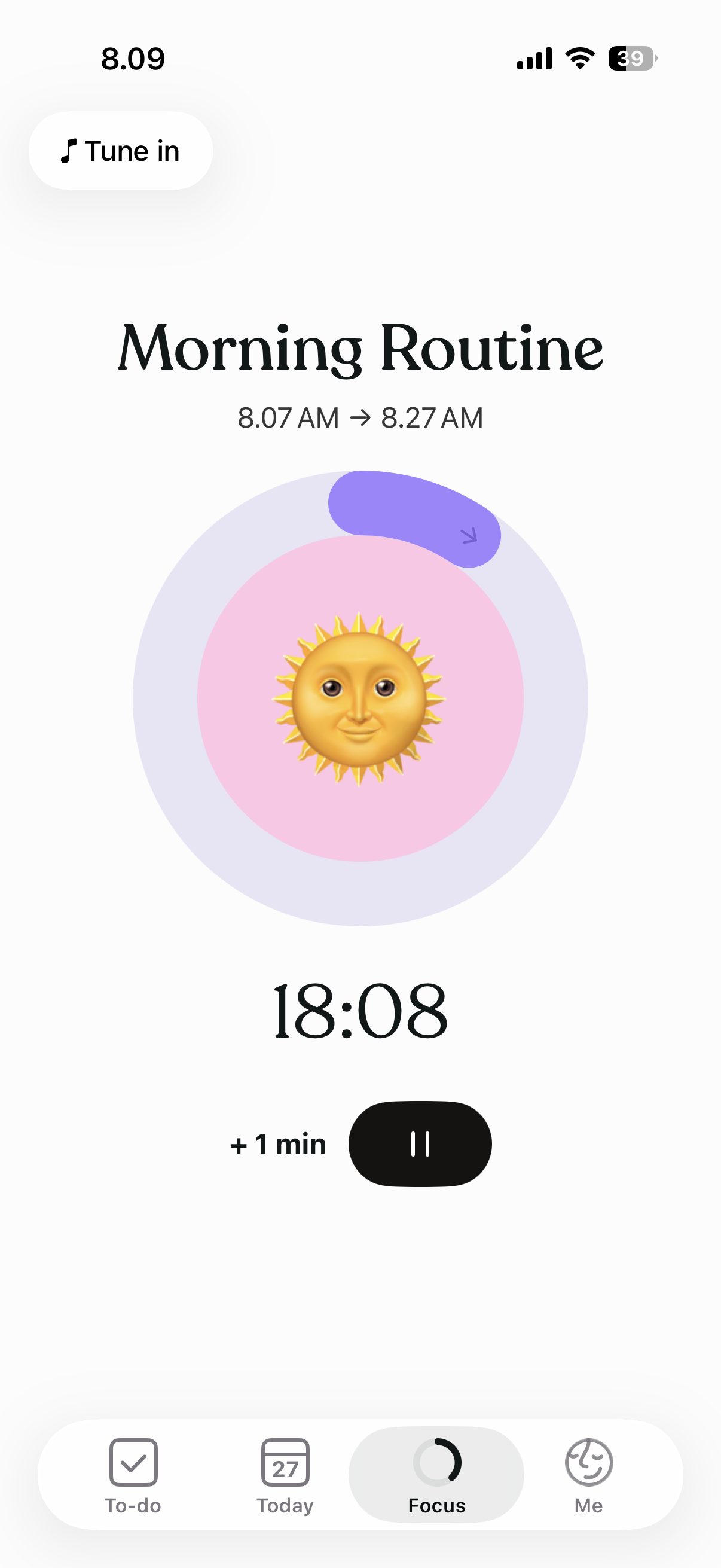 Tiimo's focus timer mid-task: the countdown ring around the current routine block