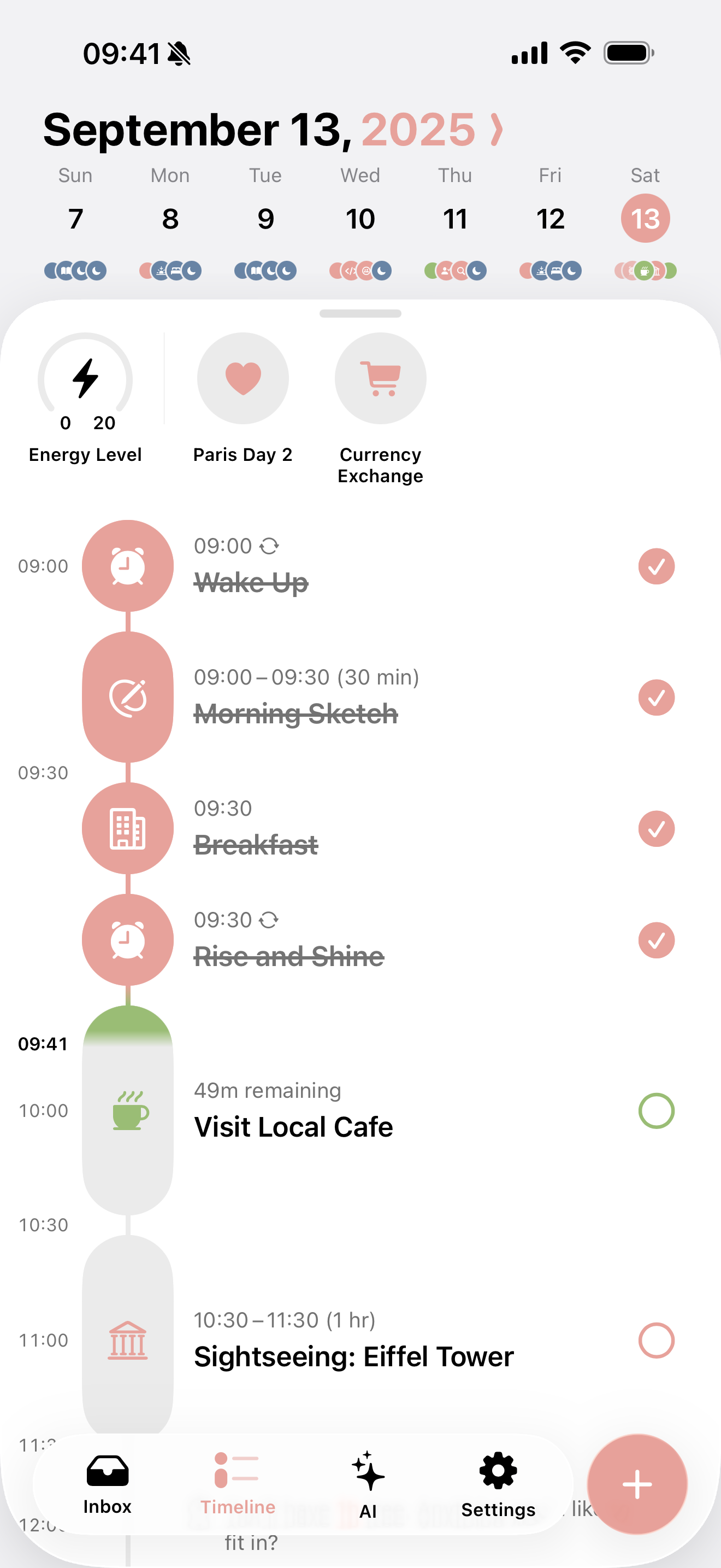 Structured's vertical day timeline: completed tasks struck through, the current block counting down, the rest of the day slotted beneath